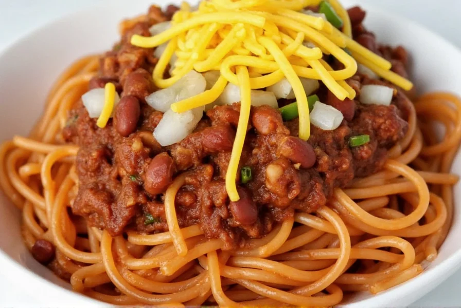 Cincinnati chili served over spaghetti with shredded cheddar cheese, onions, and kidney beans