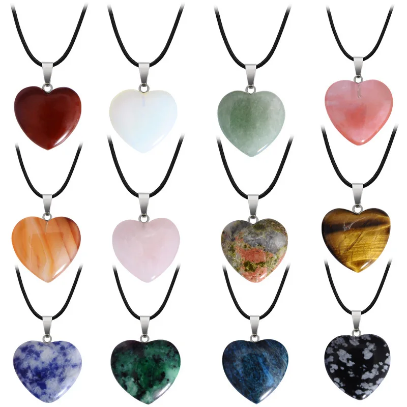 

Lucky Agate Quartz Crystal Jade Necklace Hand Engraving Heart Shaped Natural Stone Pendant Necklace for Women, Multicolor