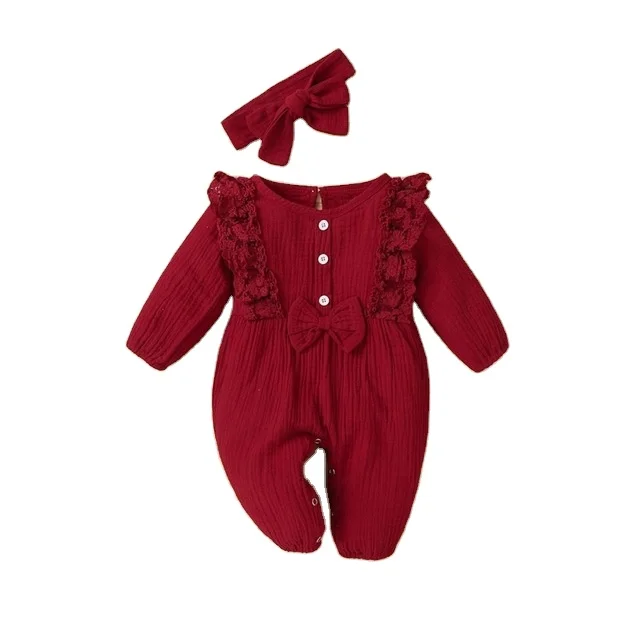 

8 colors Spring Baby Girl Toddler Flare Sleeve Solid Lace bow Romper Jumpsuit With Headband overalls One-Pieces