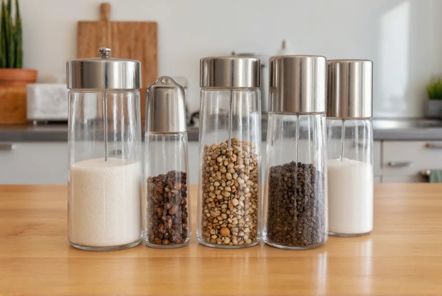 Close-up comparison of different types of kitchen pepper shakers made from glass, ceramic, and stainless steel arranged on a wooden table