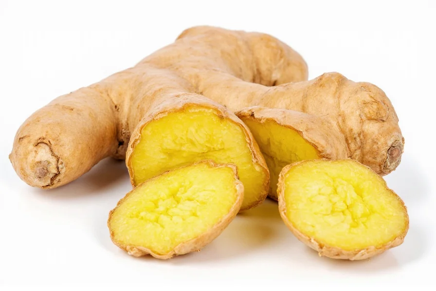 Fresh ginger root with sliced pieces showing fibrous interior and close-up of gingerols molecular structure