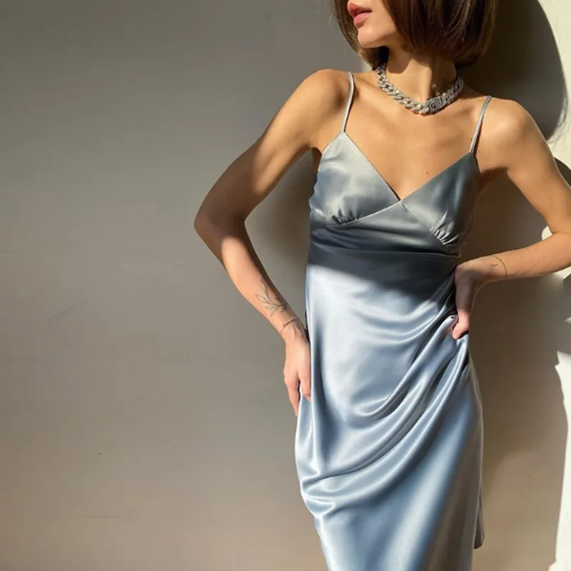 

2021 New Trendy Sexy V-Neck Women Satin Solid Long Dress Fashion Elegant Party Dress Silk Slip Dinner Dress