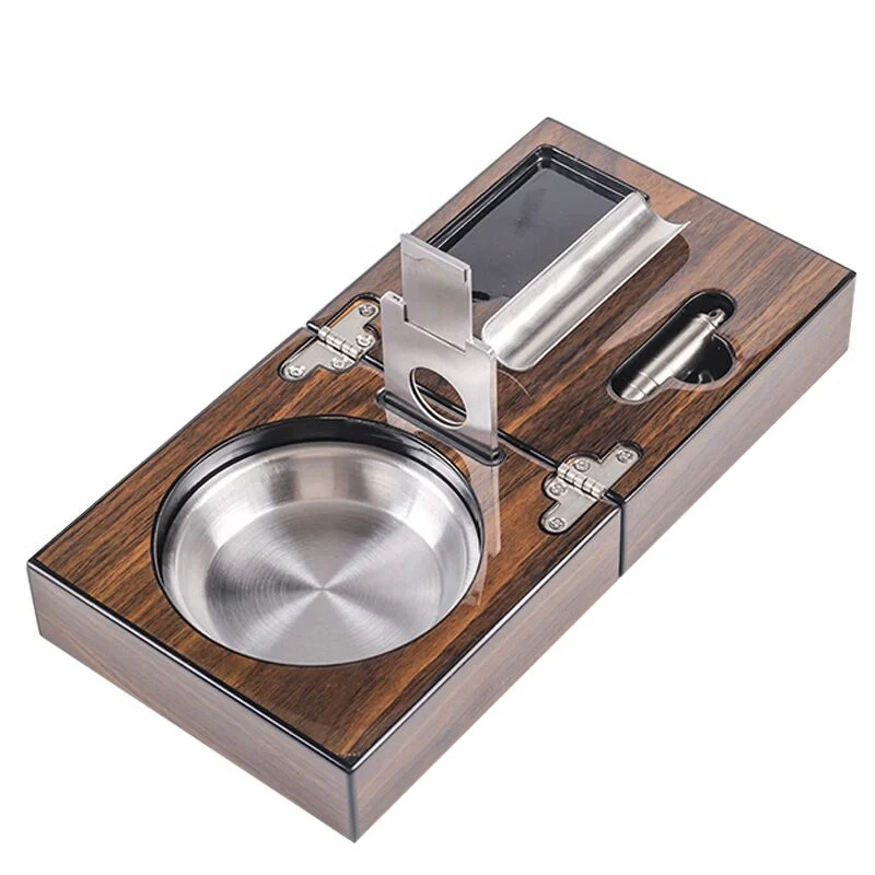 

UKETA custom square folding smoking accessories wooden cigar ashtray gift set with cigar cutter