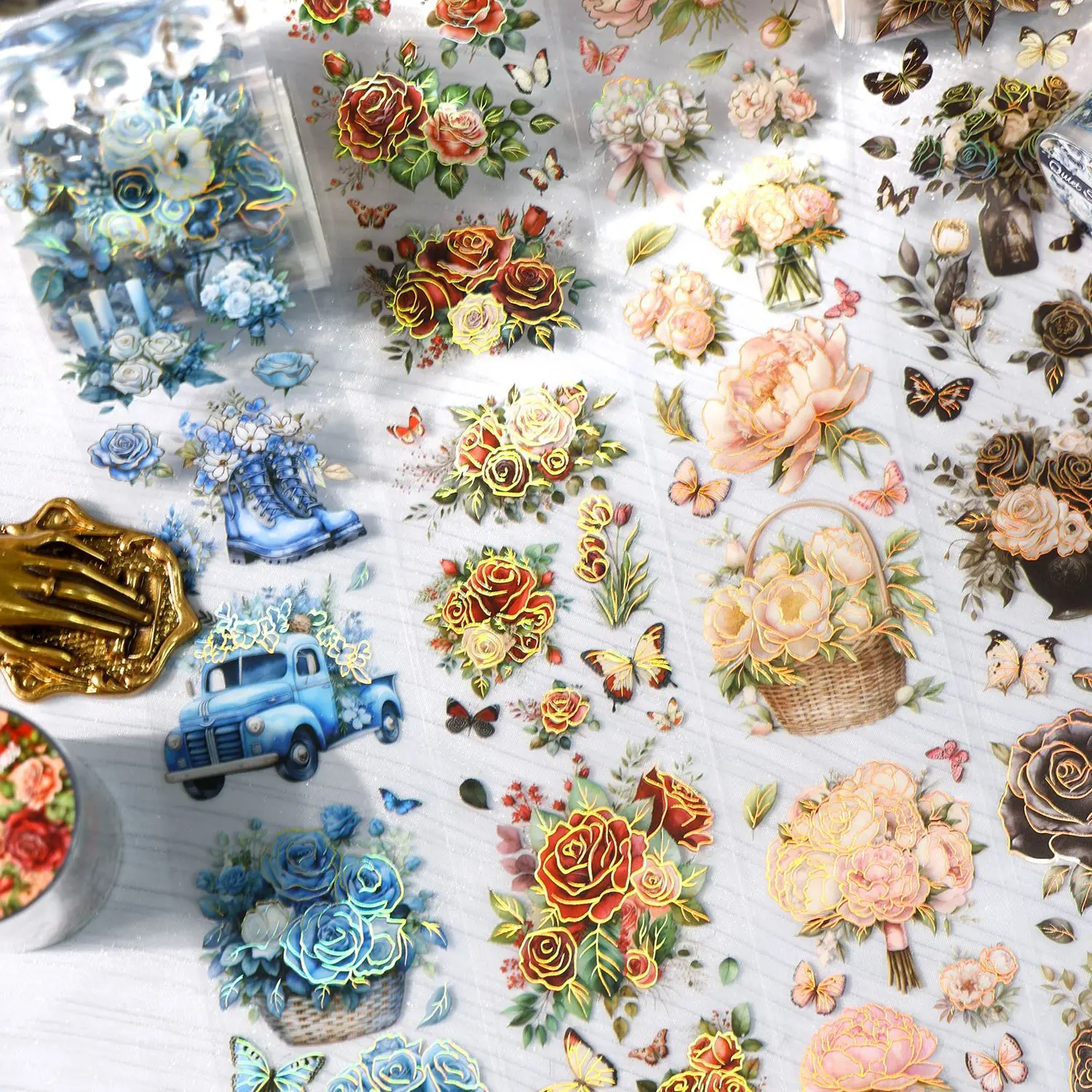 1Roll Listening to Flowers Series Vintage Hot Stamping PET Handbook Tape Material Decorative Collage