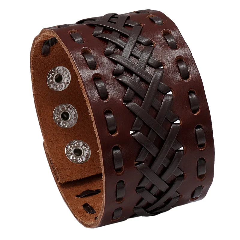 

Handmade Braided Vintage Cow Leather Bracelet Europe And American New Punk Jewelry Men Wide Leather Bangles
