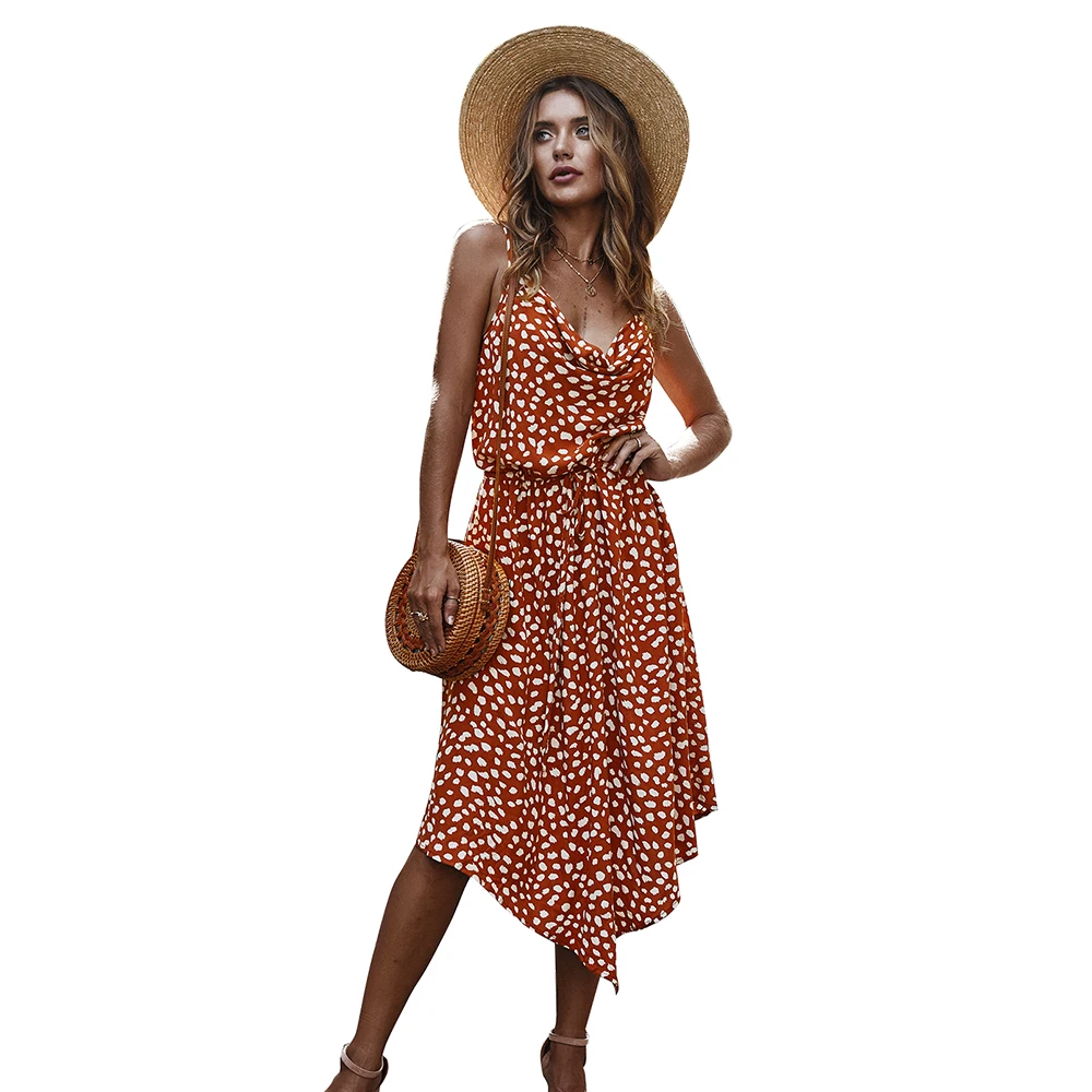 

2021 Summer Asymmetrical Casual Dress Women Sleeveless Dot Printing Cotton Vocation Beach Dress, White,orange,blue or customized colors