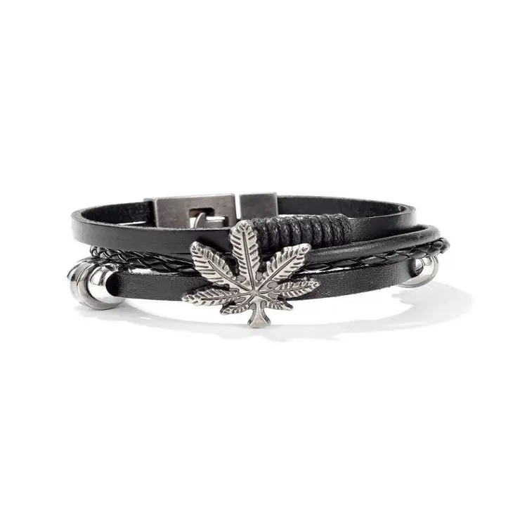 

Wholesale fashion bracelet jewelry ancient silver leaf shape hand made men accessories Multilayer leather bracelet