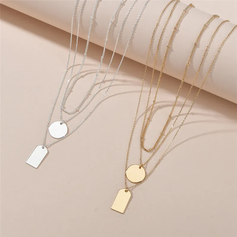 

Hot 2021 Round Brand Rectangular Brand Pendant Multi-layer Copper necklace