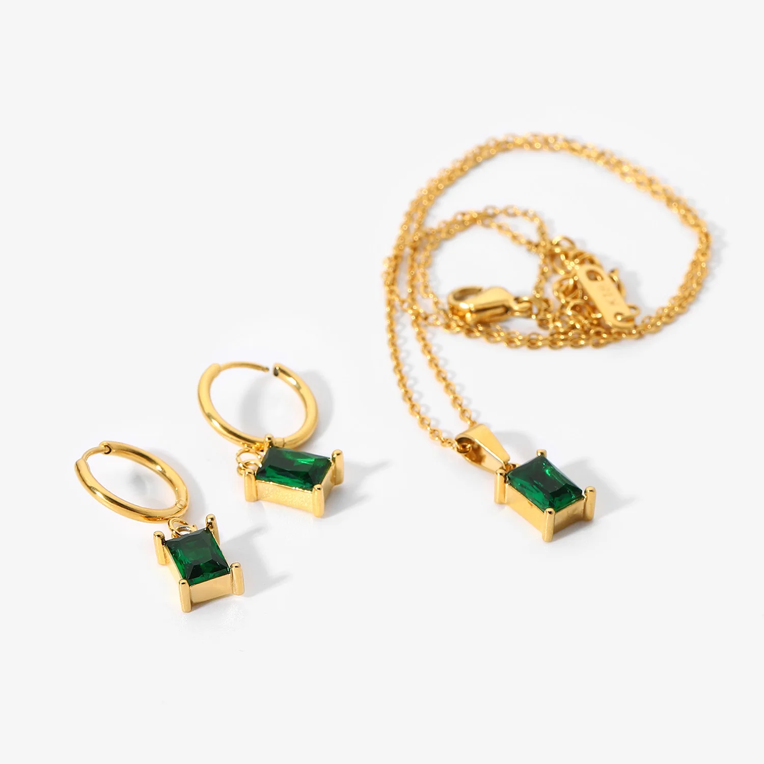 

18k Gold Plated Stainless Steel Female Jewelry Mini Rectangle Green Zircon Charm Necklace Set For Women