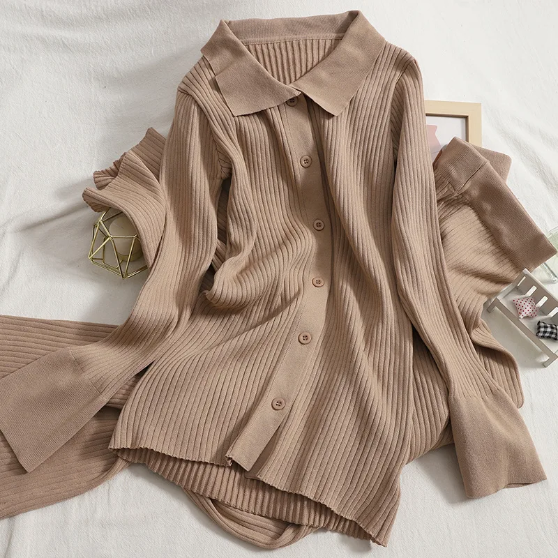 

Autumn Decoration Body Breasted Stretch Lapel Top All-match Thin Wide-leg Pants Casual Knitted Women's Set Wholesale