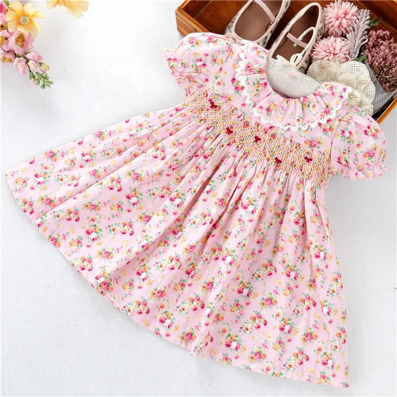 

C5237 summer toddler embroidery flower little baby girls dresses smocked dress floral wholesale kids clothing children outfit