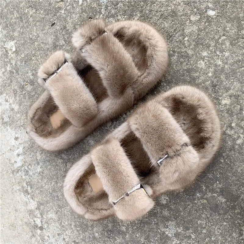 

Women Real Mink Fur Platform Luxury Fur Sandals Buckle Slides Adults Fur slippers, We can dyeing any color