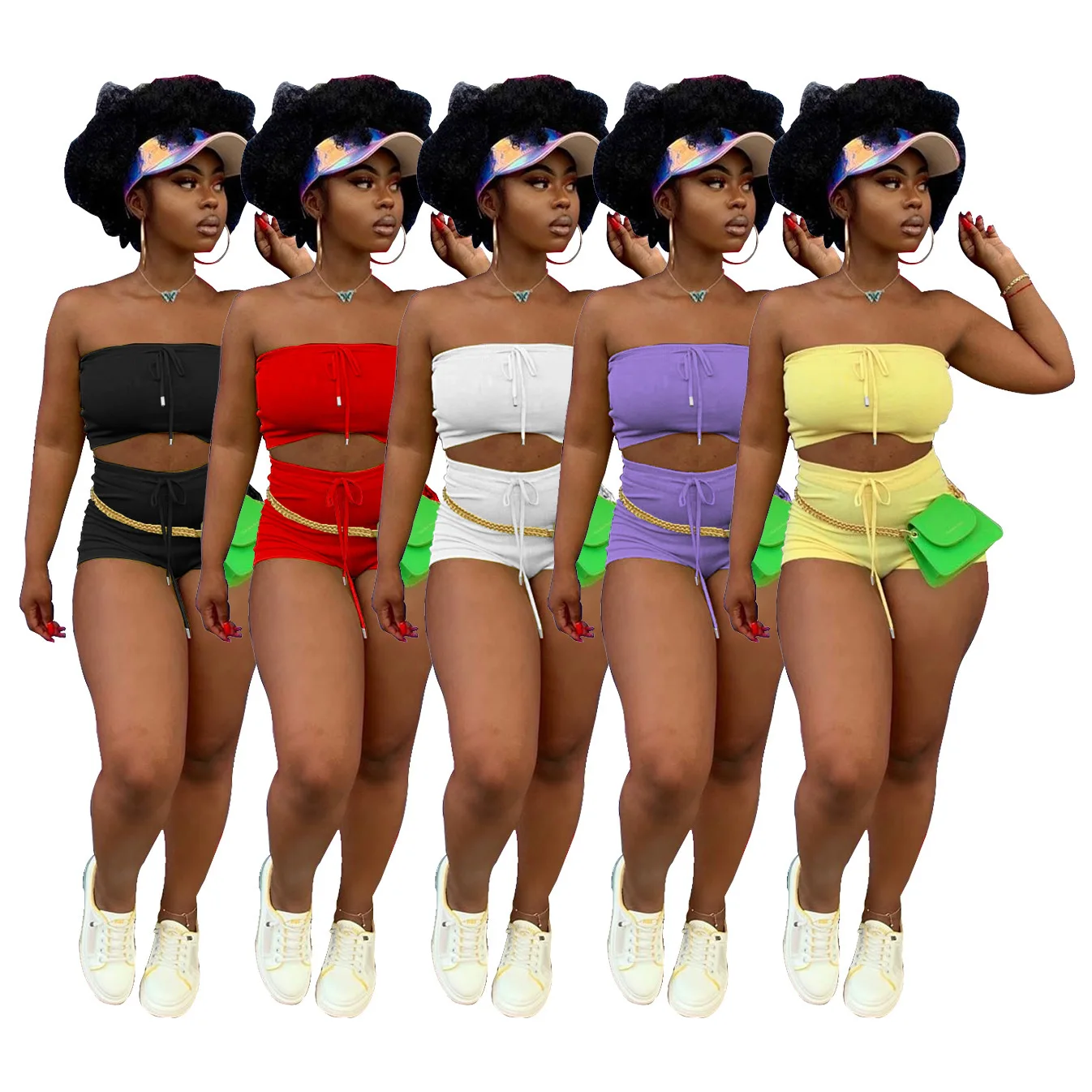 

2022 Summer Women Short Pants Two Piece Set Strapless Tube Top Sports Biker Short Set Two Piece Set, 5 colors