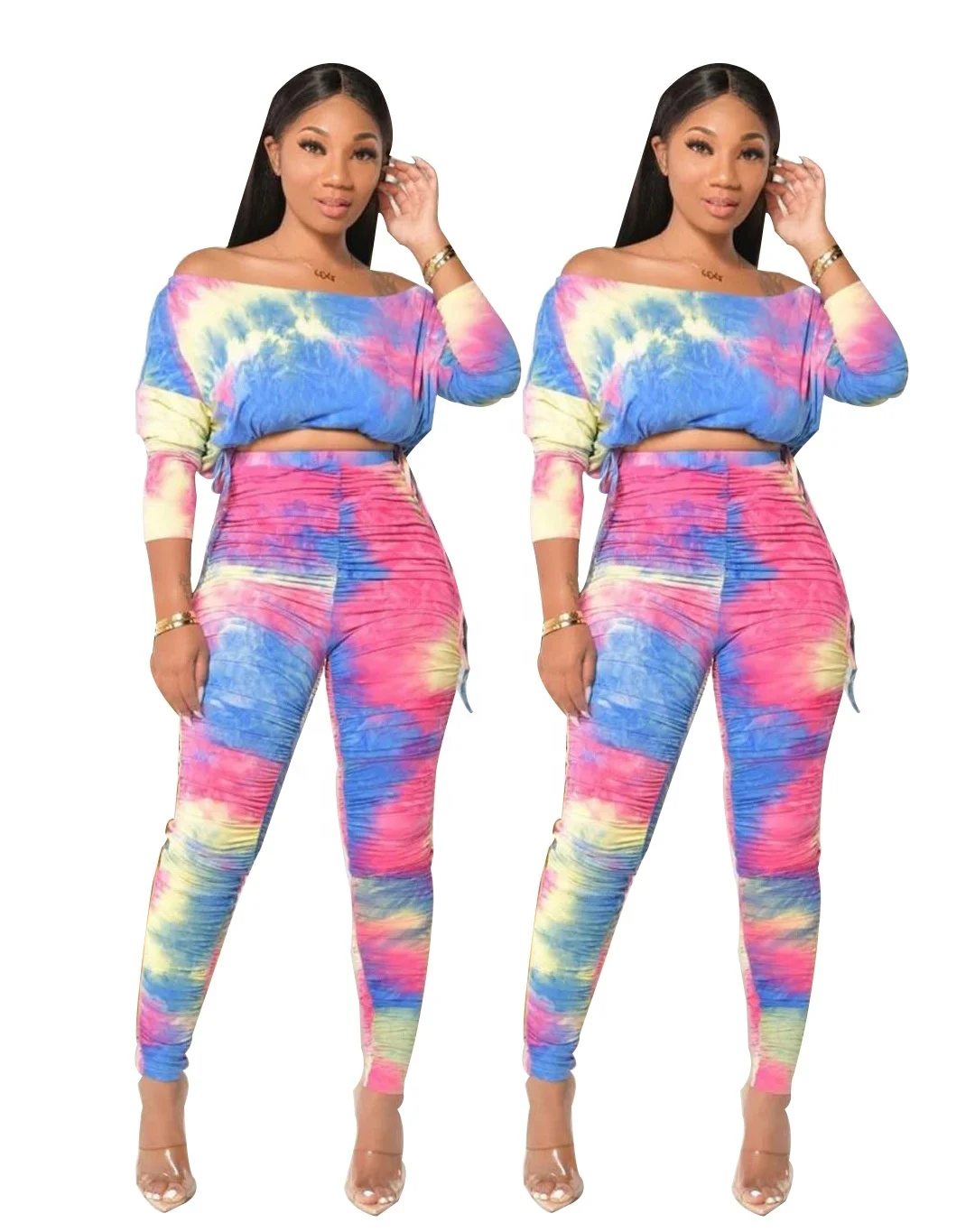 

MT136-882 Casual jacket tie dye pleated Pants Set two piece set women clothing 2020 long sleeve sweatshirt casual dress women