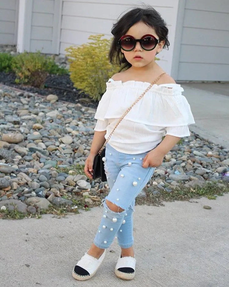 

Kid Baby Girl Summer Casual 2PCS Sets White T-Shirts Tops With Beadings Pearl Denim Pants Outfits
