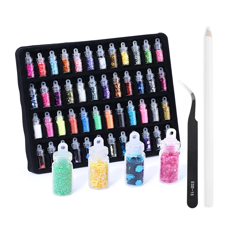 

48 Bottles / Set Sparkling Glitter Powder Heart Star Micro Beads , Tweezer , Pencil Picker , Nail Stickers For Nail Art, 24 colors / 48 colors