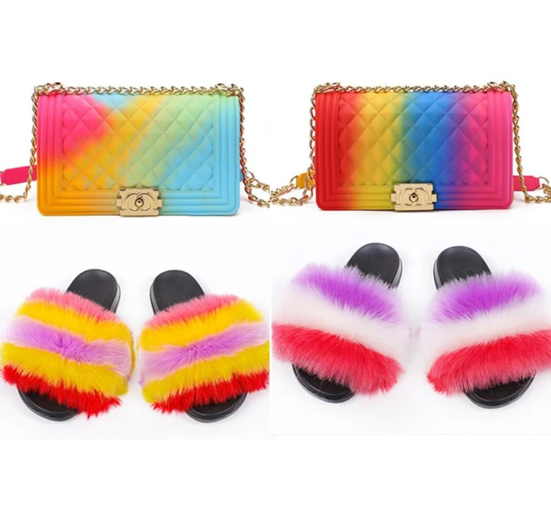 

2021 PVC Luxury Ladies Designer Handbags And Sandals Set Fur Slides Rainbow Jelly Hand Bags Women Shoes And Purse Match Sets, As pictures or customized colors