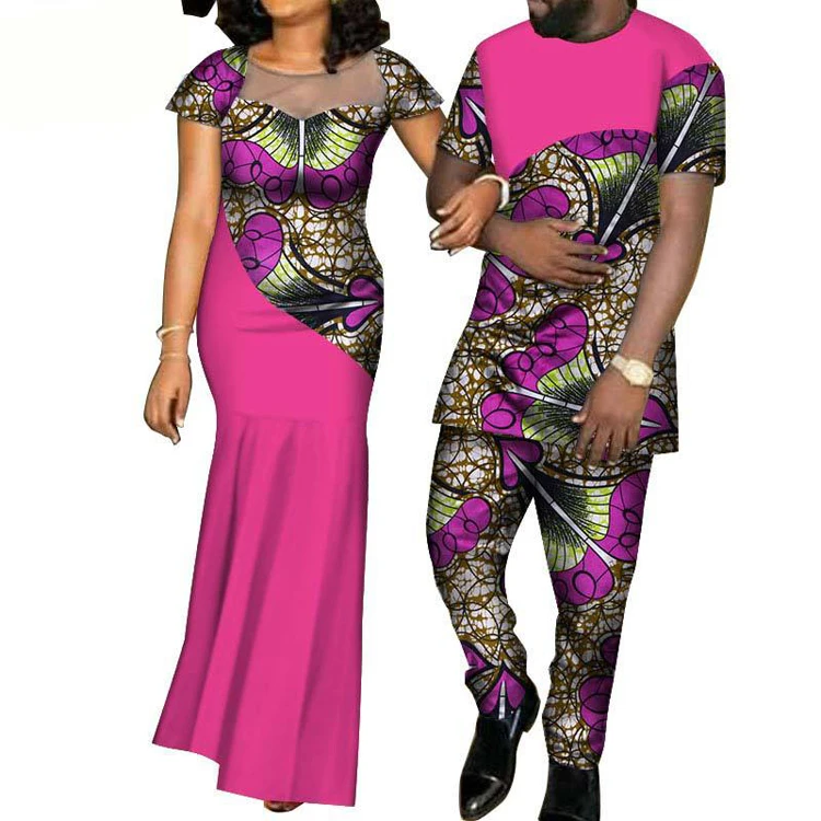 

Wholesale Cotton African Batik Print Couple Suit Long Skirt Women's Dress + Men's Long Sleeve T-shirt, Shown or more