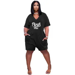 

Summer Clothes Romper Casual Loose Printed Letter Pink