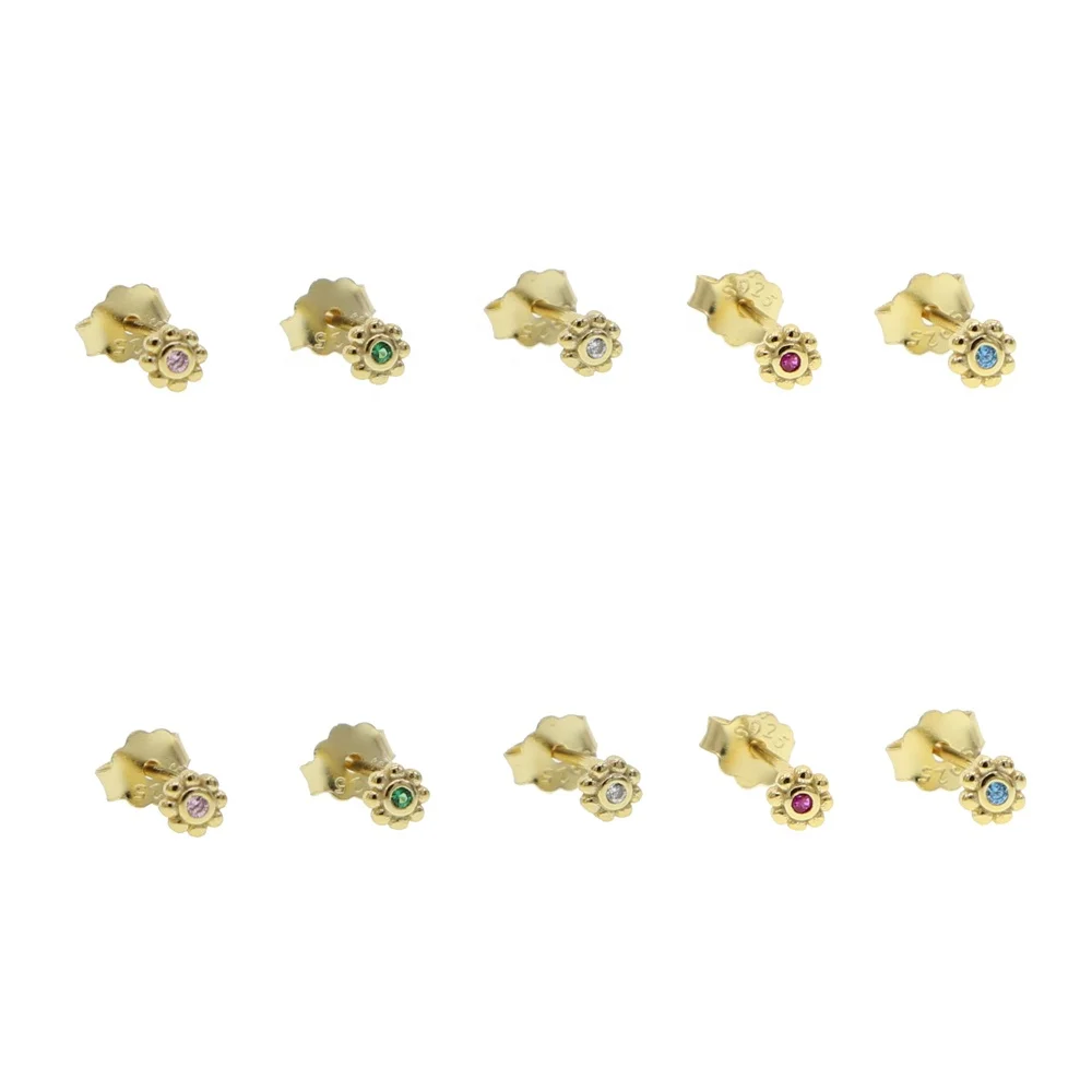 

2021 summer new minimal delicate 925 sterling silver jewelry high quality colorful cz sun flower multi piercing stud earrings