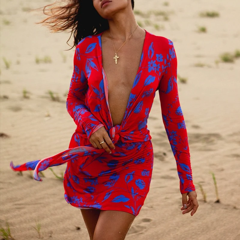 

New Come Women Long Sleeve Printed Dress Summer Beach Party Deep V-neck Criss Cross Tie Up Floral Tropical Mini Dress