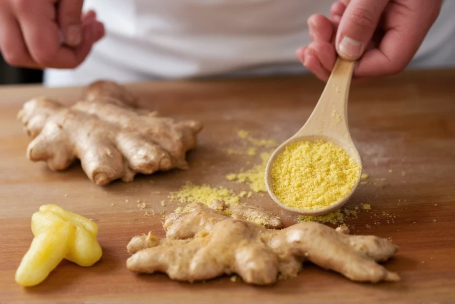 Chef's hand measuring ground ginger into a spoon with fresh ginger root in background