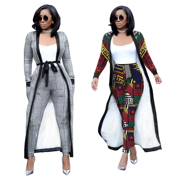 

Hot Popular Fashion Casual Women Sets Plaid Printed Two Piece Long Sleeve Cardigan Coat Tracksuit High Waist Pants Suits, Picture