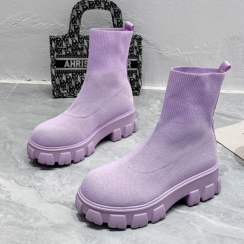 

2022 Women's Solid Color Fabric Boots Purple Women's Shoes Fashion Large Size Platform Boots