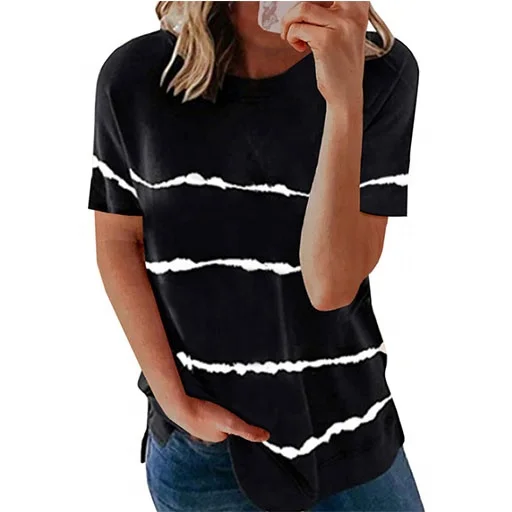 

Wholesale Women Summer Vintage Short Sleeve Solid Striped T-shirt, As picture