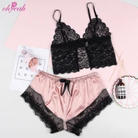 

Wholesale pink color sexy lace trim satin top woman sleepwear nightwear pajama sets