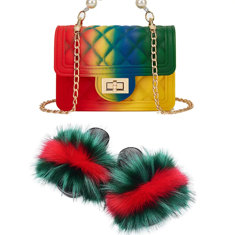 

Wholesale Hot Eeal Fox Fur Slippers Outdoor Sandals Fox Fur Slides Jelly Bag For Women Fur Slides With Purse Set, Light brown, dark brown, white pink purple