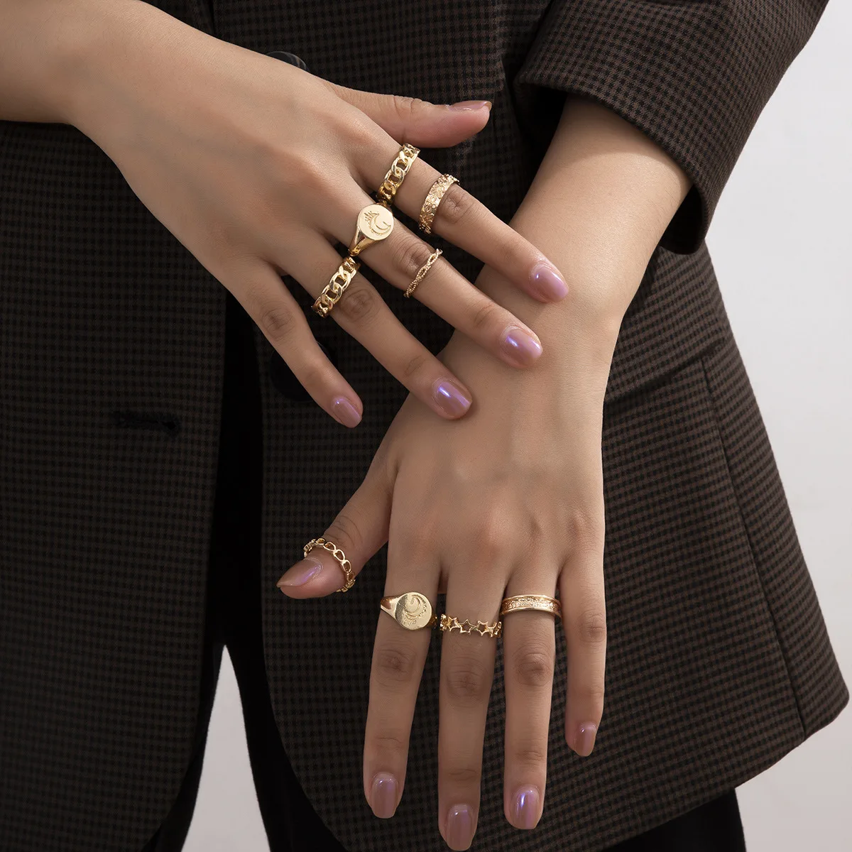 

Fashion Women Rings 9Pcs/bag Gold Hollow Moon Ring for Women