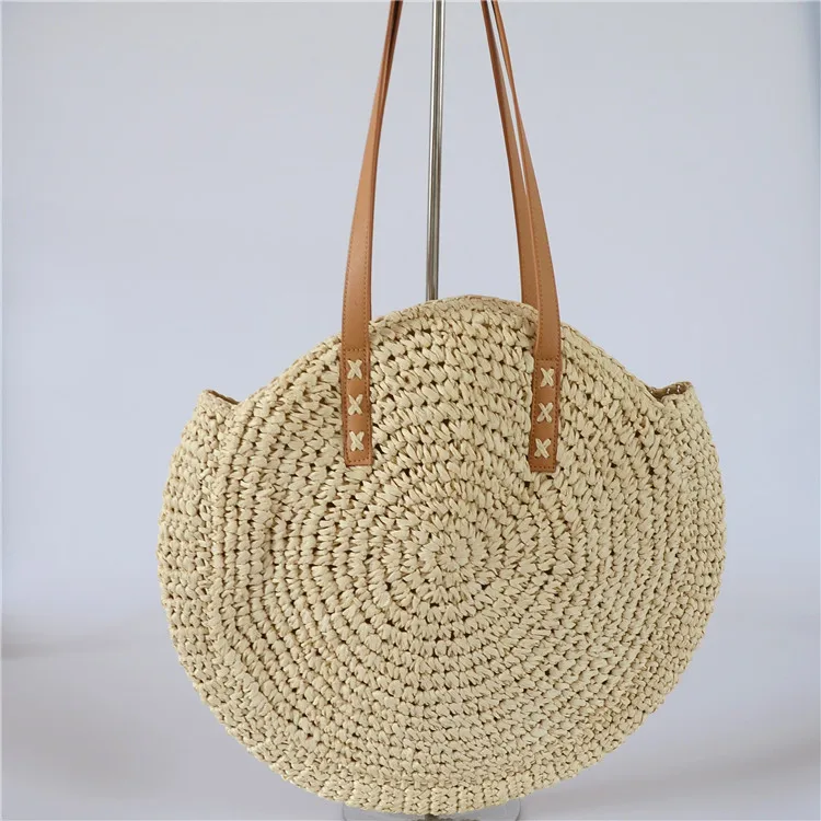 

fashion round beach straw bags summer with leather handle