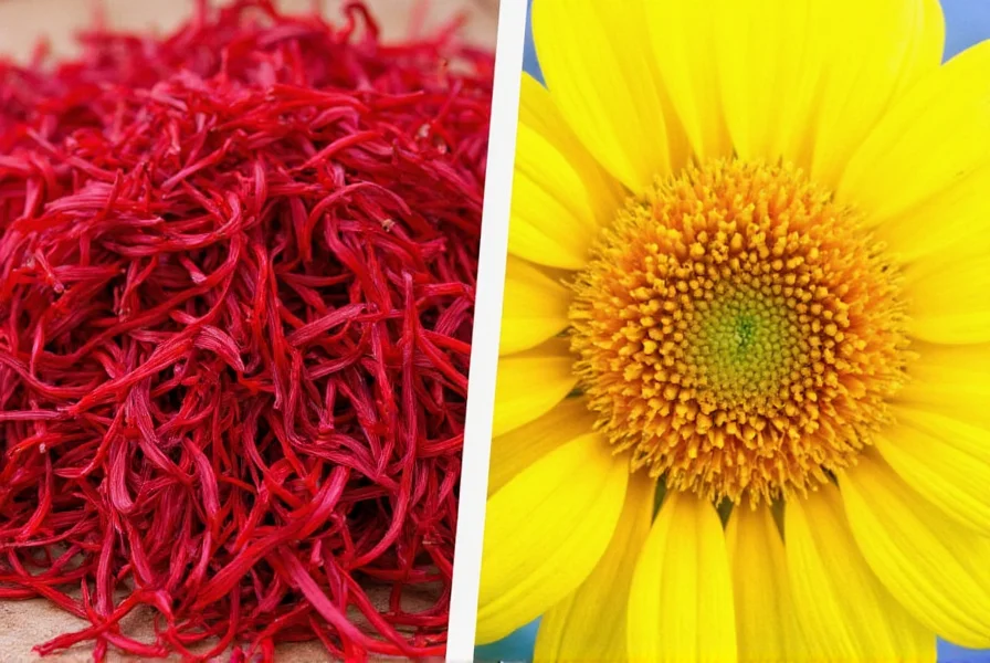Close-up comparison of saffron threads and safflower petals showing distinct color and structural differences