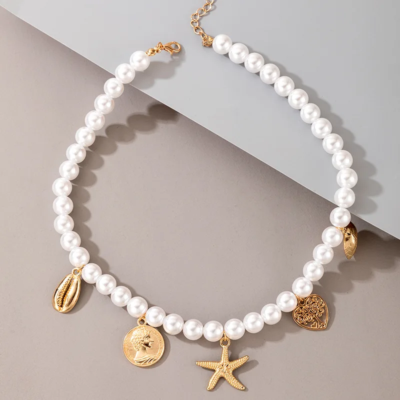 

Vintage Pearl Shell Pendant Necklace Star Heart Coin Choker Necklace for Women Summer Jewelry Gift
