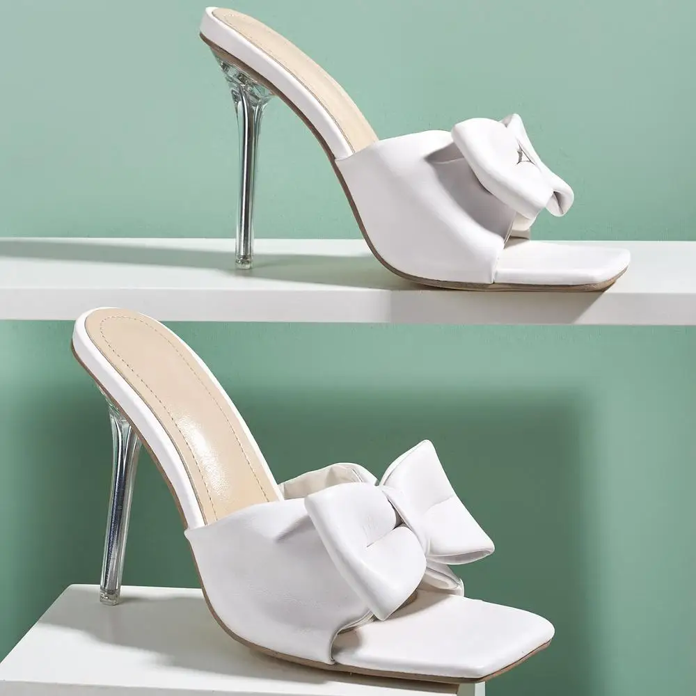 

2020 Woman High Pumps Square Toe Heels Sandal Bowknot Women Heel Shoes, Silvery/black