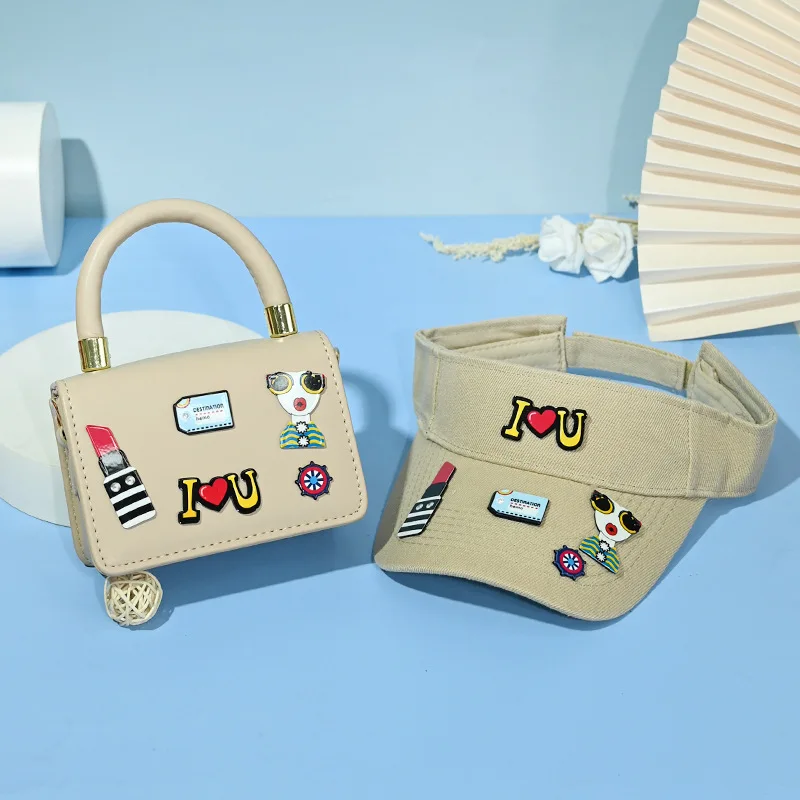 

women cute custom summer Sun protection cap with leather handbag purse cartoon ladies shoulder crossbody purse hat set, Custom choose