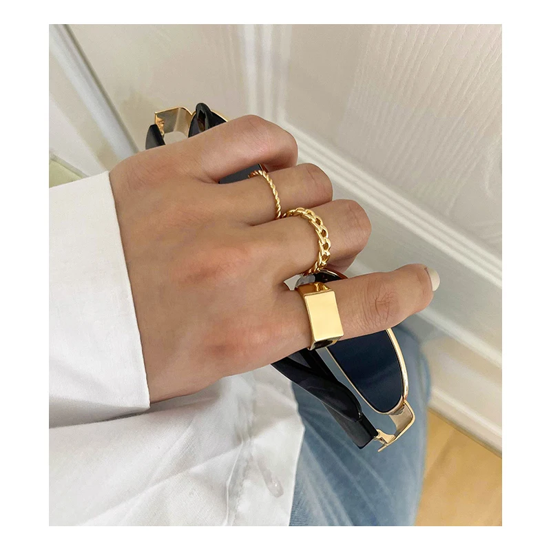 

3 Pcs Hollow Twisted Chain Square Wide Chunky Ring Set Thin Open Stamp Signet Gold Ring Korean Plain Minimalist Jewelry Set 2021