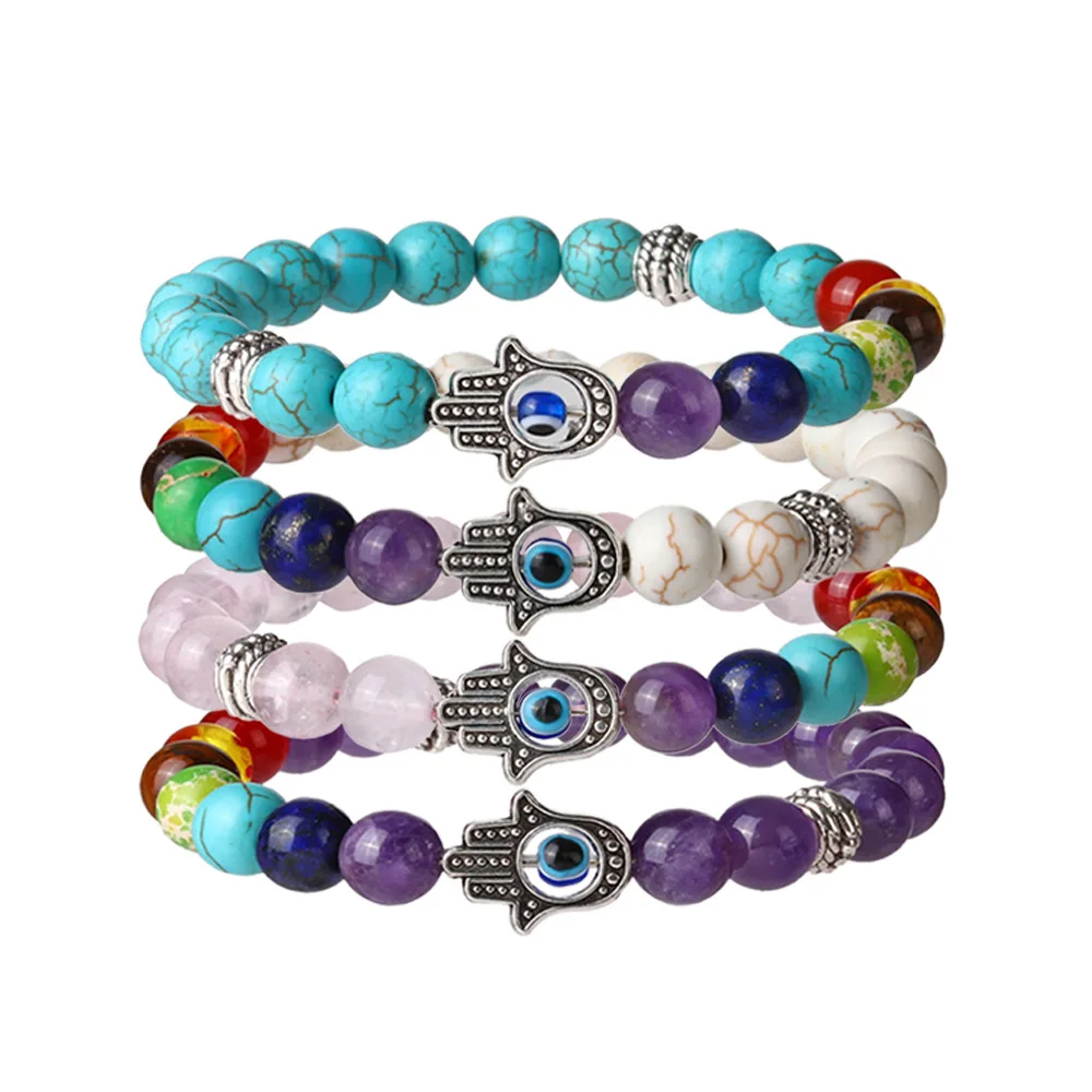 

New Colorful Nature Stone for Men Women Stretch Fatima Hamsa Hand Charm Blue Eye Bracelet Lucky Jewelry 7 Chakra Beads Bracelet