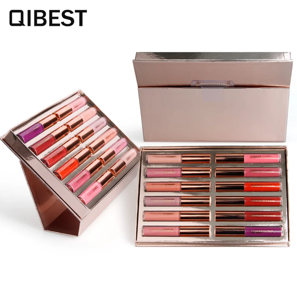 

QIBEST Brand 12pcs/Set Colorful Lip Gloss Matte Nude Lip Glaze Waterproof Non-stick Lipgloss Beauty Makeup