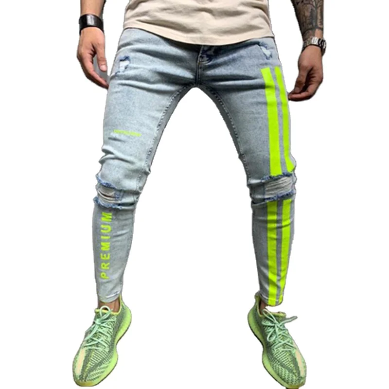 

OEM Men New hip hop Ripped Stripe printed Skinny jeans elastic male Streetwear Slim Jogger denim trousers