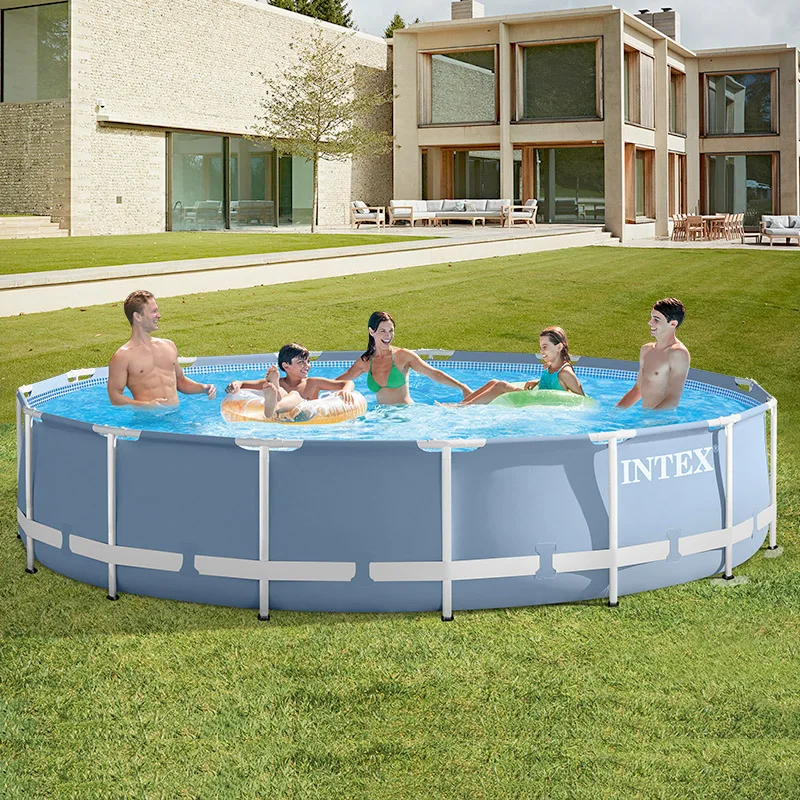 

Intex 28272 Metal Frame Small Family Rectangular Swimming Pool, Blue/gray