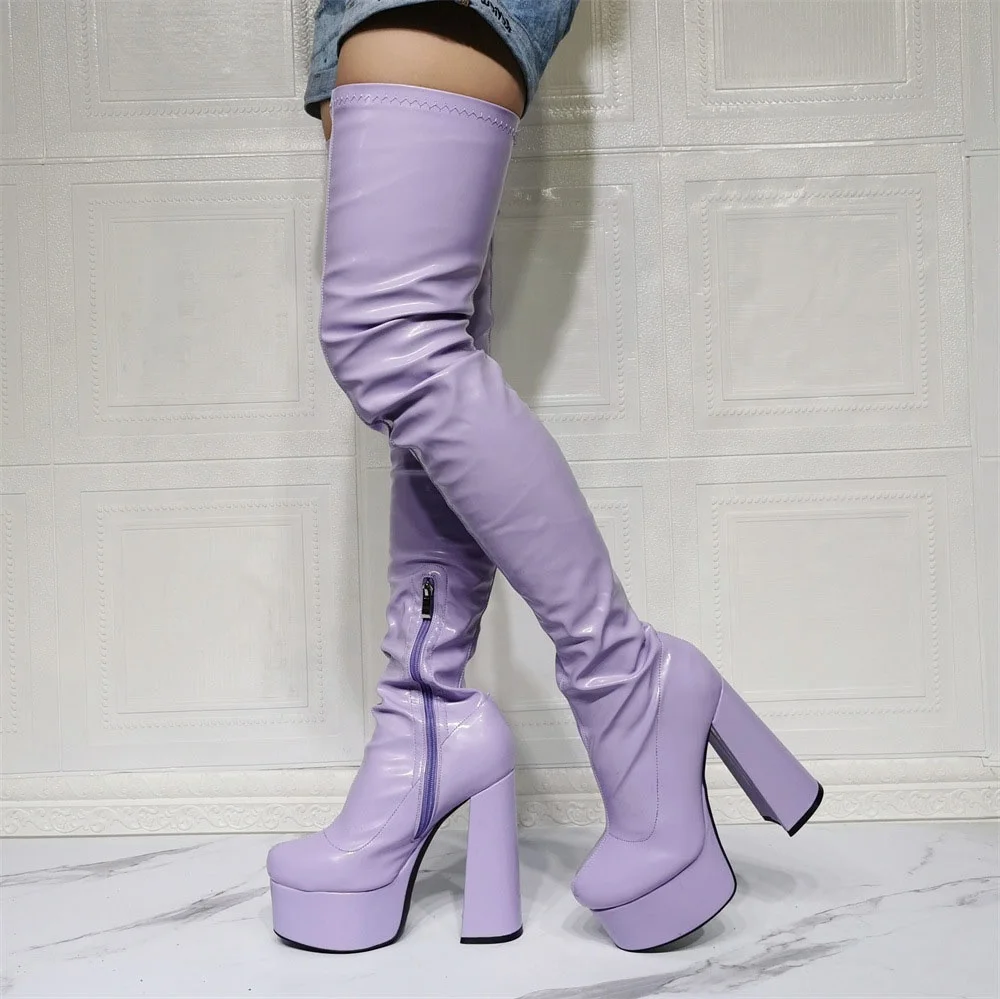 

Purple Plus Sizes Platform Boots Women's Stretchy Thigh High Boots High Chunky Heels Shoes Custom Size Logo