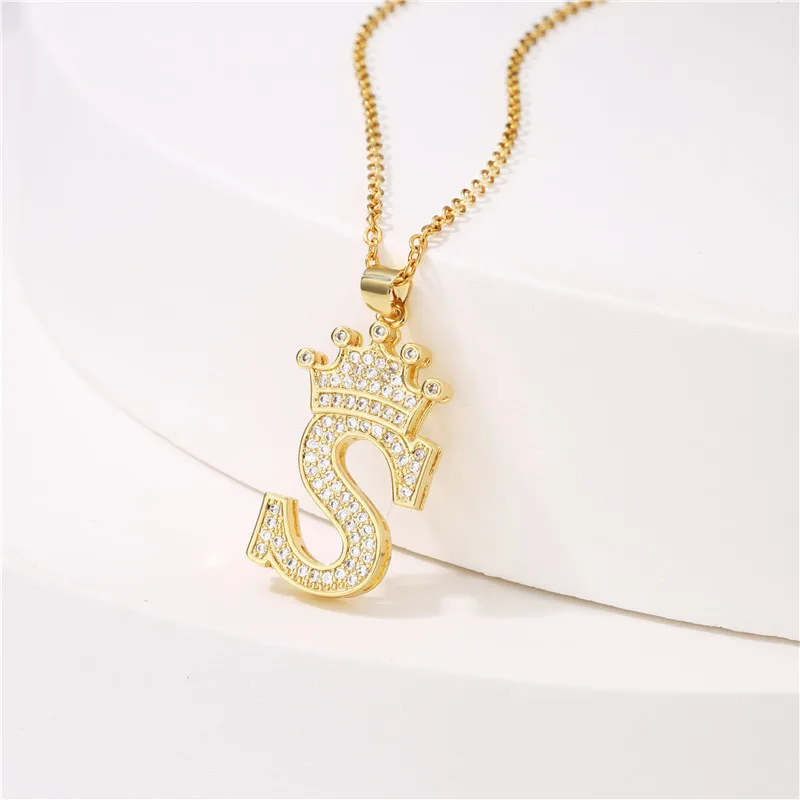 

Crown Letter Queen Necklace Diamond Initial Necklace CZ Long Chain Brass Necklace, Gold