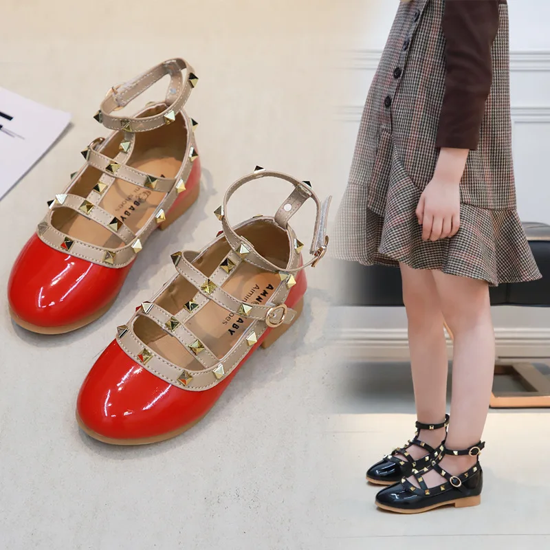 

New Fashion Styles Girl's Leather Dress Shoes Rivet Girls Princess Shoes Buckle Strap Kids Shoes