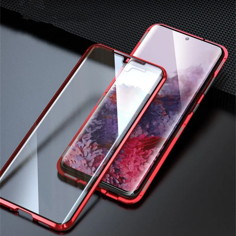 

Red metal bumper protect case with magnetic Adsorption,double sided glass case for Samsung Galaxy Note 20