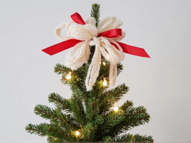 DIY ribbon Christmas tree topper with mixed textures and lights