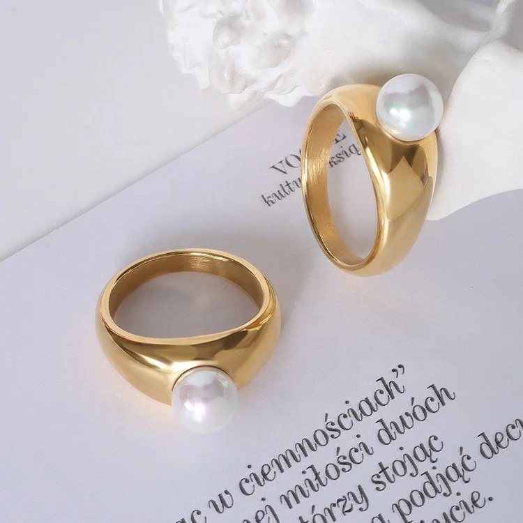 

Engagement Ring Gold Plated Stone Rings Women Jewelry Temperament Design 18K Stainless Steel Pearl Ring, Silver gold