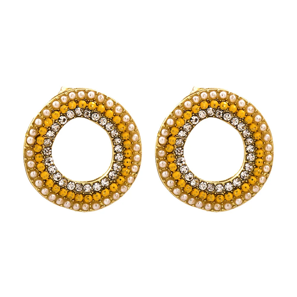 

New Designed Round Beads Faux Pearl Diamond Earring Baroque Gold Plated Rice Bead Pearl Rhinestone Round Earrings For Ladies