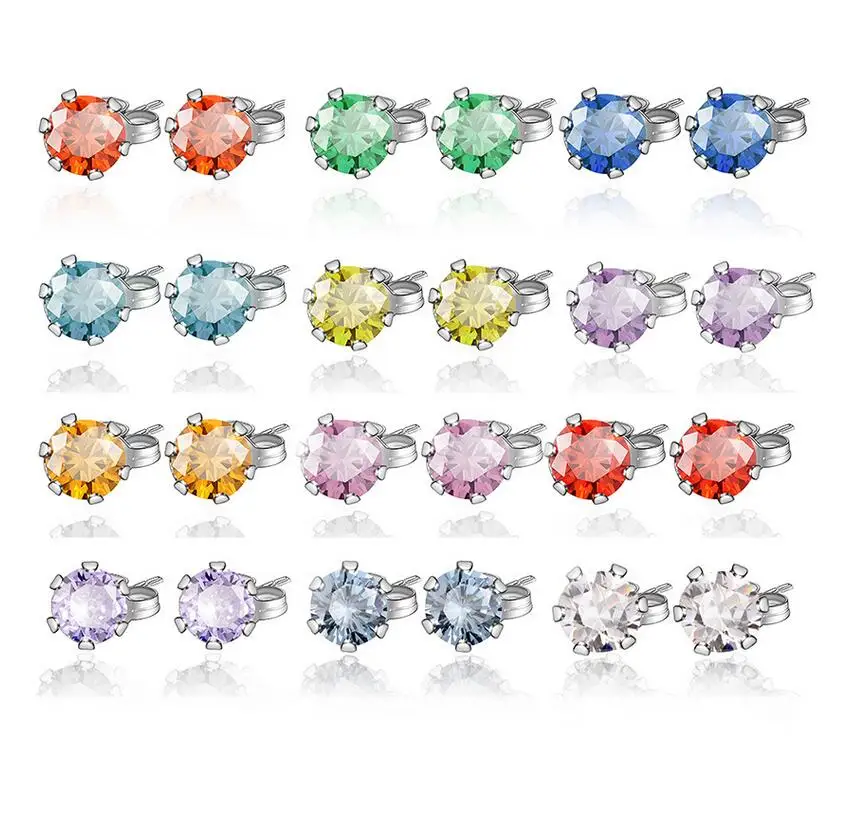 

12pairs/card heart round square fashionable cubic zircon love women 304 stainless steel jewelry stud earrings, As pic